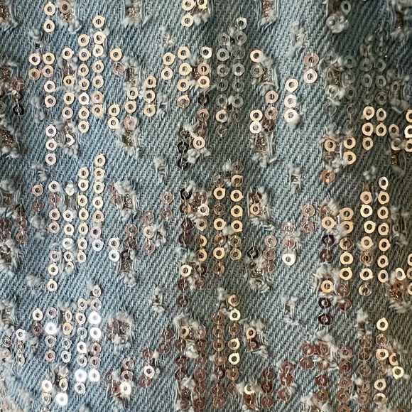 Oversized-Raw edge hem, Sequins Denim/Jeans cropped-Long sleeves Stretch Jacket. - Picture 11 of 16